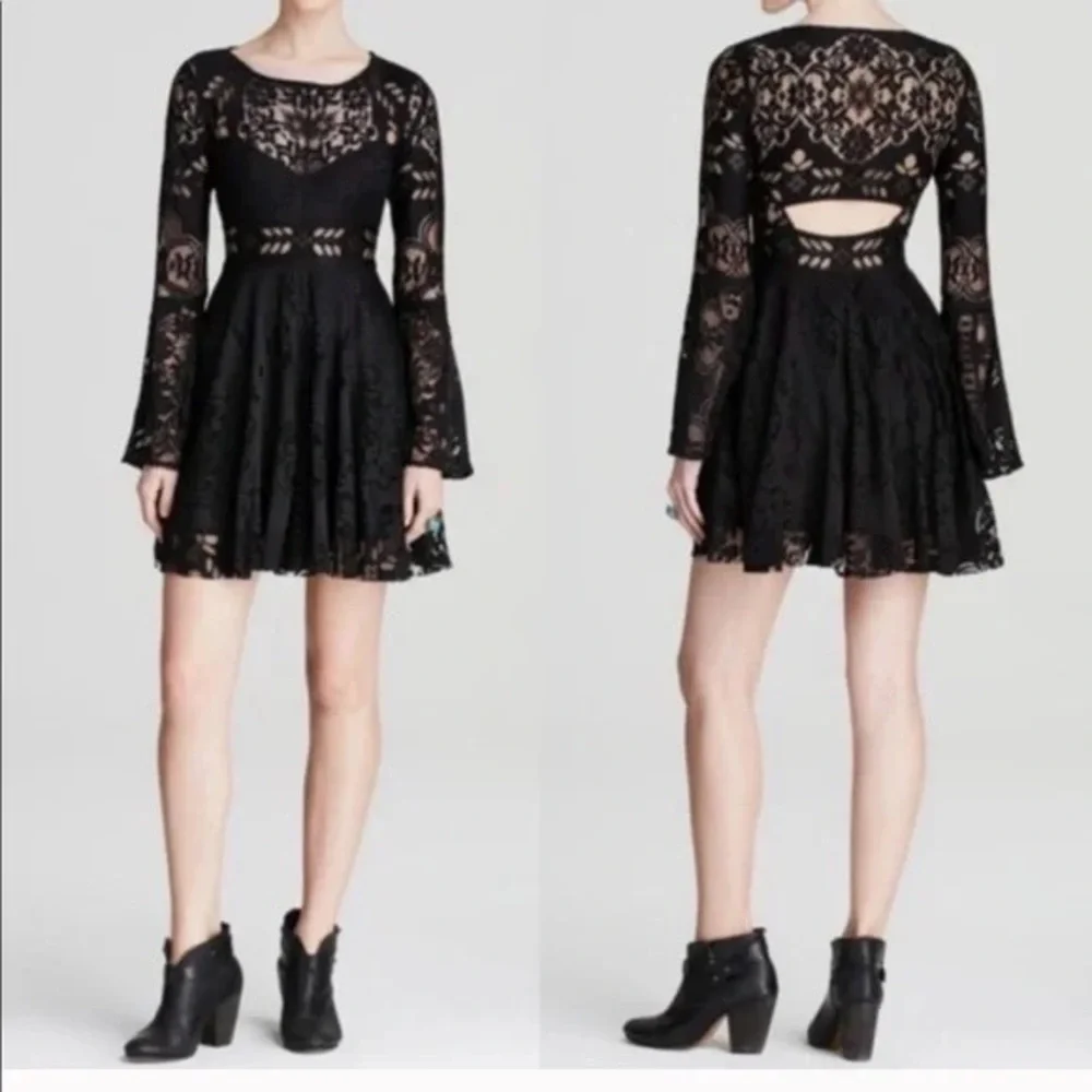 FREE PEOPLE LOVERS FOLK SONG SPANISH LACE MINI DRESS BLACK SIZE 2 MINT CONDITION - Picture 11 of 15